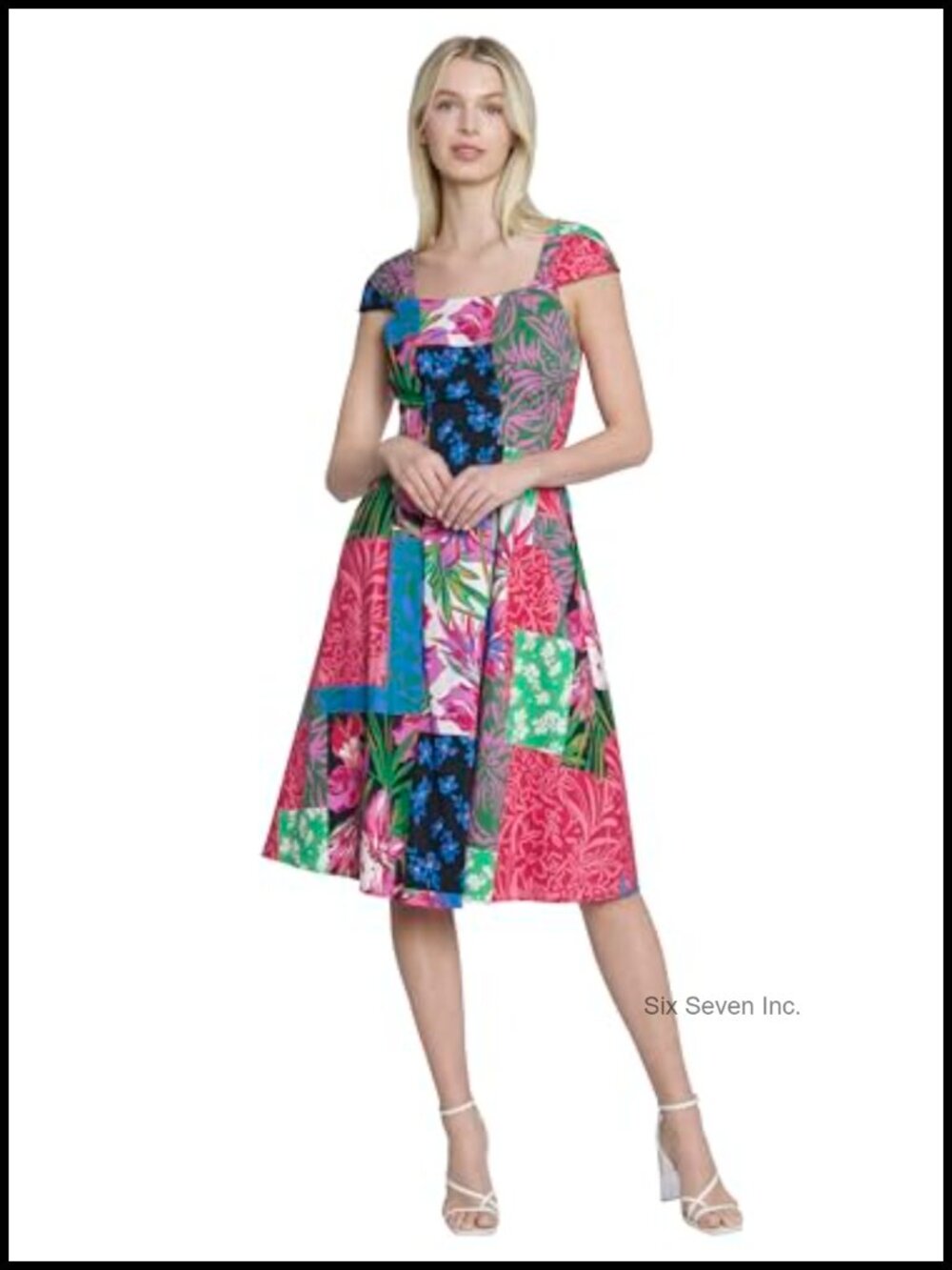 Square Neck Cotton Poplin Fit & Flare Dress with Smocked Waistband and Pockets